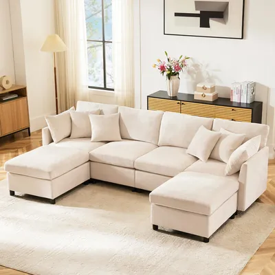 Produktbild von STILVORA Ecksofa mit Kissen und abnehmbarem Fußhocker, U-förmiges Sofa aus Chenille-Stoff,modulares Sofa für Zuhause,Wohnzimmer&Wohnung,Beige