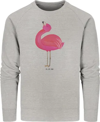 Produktbild von Mr. & Mrs. Panda Nachhaltiger Pullover Flamingo Stolz Größe L - Heather Grey - Geschenk, Pulli, Rosa, Bio Baumwoll, Sweater, Rundhals, Sweatshirt, Mama, Beste Freundin