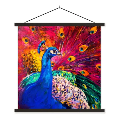 Produktbild von MuchoWow® Textilposter Gemälde - Vogel - Pfau - Ölgemälde 90x90 cm mit schwarzem Rahmen - Magnetisches