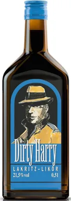 A bottle of Dirty Harry Lakritz Likör.