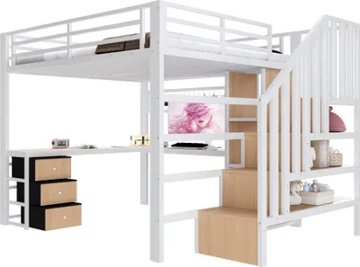 Produktbild von Merax Etagenbett Hochbett 140x200 cm, Kinderbett mit Schreibtisch und LED Licht, Stauraumtreppe, 3 Schubladen, Jugendbett, Metall Stockbett, Weiß