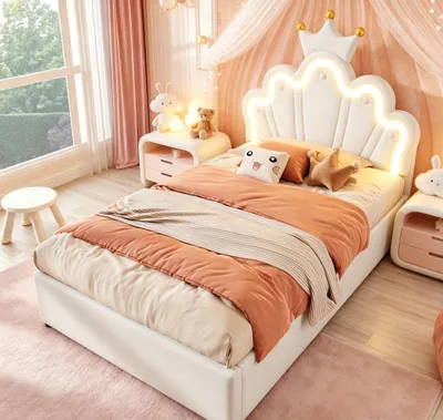 Produktbild von INONEFT Kinderbett 90 x 200 cm, Polsterbett für Mädchen, Prinzessinnenbett mit verstellbarem LED-Kopfteil, Einzelbett mit Lattenrost, PU, weiß