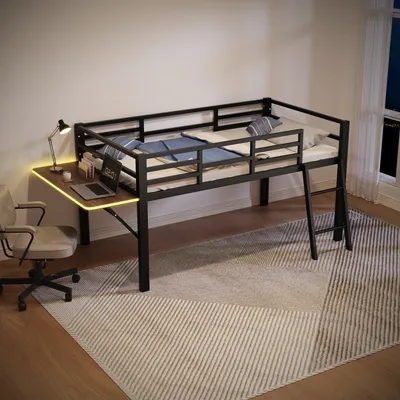 Obrázok produktu pre STILVORA Vysoká posteľ 140x200, kovová posteľ s úložnými zásuvkami a LED osvetlením, detská posteľ s latkovým roštom z dreva, čierna (s matracom)