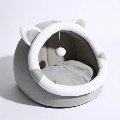 Produktbild von Katzenhaus Hundebett 31 cm, graues Haustierbett mit Kissen und Spielball