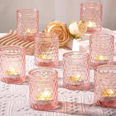 Produktbild von 12 Stück rosa Teelichtbecher, Teelichthalter, Kerzenhalter aus Glas, Kerzendeko, Hochzeitsdeko, Tischdeko