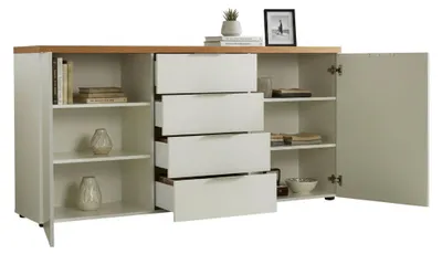 Produktbild von Dmora Anrichte Satriano 180x43x89 cm Weiß Hochglanz, 4 Schubladen, 4 Regale