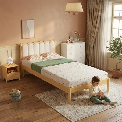 Produktbild von Kinder Polsterbett Einzelbett, Gepolstertes PolyurethanKopfteil, elegantes Wellendesign, stabiler Lattenrost, Massivholzrahmen, Beige, 90x200cm