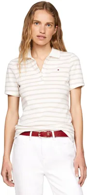 Produktbild von Tommy Hilfiger Damen Poloshirt Kurzarm Stripe Slim Fit, Weiß (Breton STP/Ecru/Cl