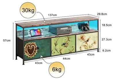 Immagine prodotto di Mobile TV – Mobile TV con cassetti – 3 cassetti in tessuto – Illuminazione LED – Materiali: MDF, metallo e pannello truciolare E1 – Dimensioni: 137 x 29,8 x 57 cm – Disponibile in più colori