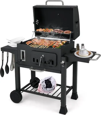 Immagine prodotto di Barbecue a carbonella KOMFOTTEU con 2 tavoli laterali pieghevoli e ruote, carrello per barbecue con contenitore per carbonella a 6 scomparti, vano portaoggetti, portagriglia, termometro, barbecue affumicatore per uso esterno
