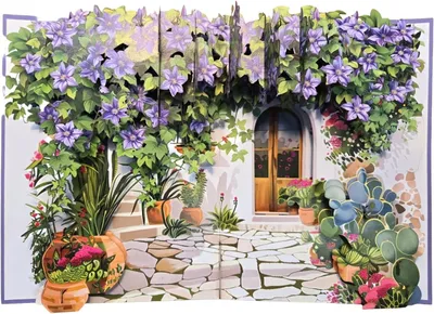 Image de Carte de vœux pop-up 3D « Jardin méditerranéen fleuri », carte pliante faite main avec enveloppe, motif de jardin, carte fleurie