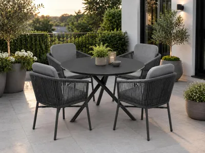 Produktbild von Destiny Sitzgruppe LIMONE BARLETTA 4 Stapelsessel + 1 Tisch Ø110x76cm, anthrazit