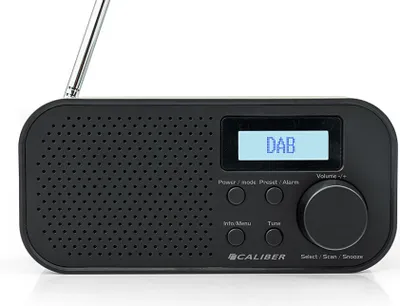 A black portable DAB+ radio is shown against a white background.