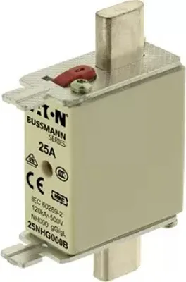 Produktbild von Eaton Sicherungseinsatz, Niederspannung, 25 A, AC 500 V, 120 kA, NH000, gL/gG, IEC, Doppelkennmelder, spannungsführende Grifflasche 25NHG000B