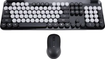 Produktbild von Drahtlose niedliche Tastatur und Maus mit 104 Tasten im Schreibmaschinenstil mit runden Retro-Tastenkappen für PC, Laptop und Desktop, schwarz