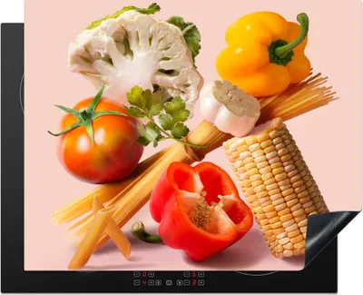 Produktbild von KitchenYeah© Herdabdeckplatte Gemüse - Nudeln - Stilleben , 65x52cm, Küche Deko, Glaskeramikkochfeld Herdabdeckung, Abdeckplatte fùr Kochfeld