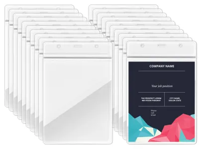 Image de 20 porte-cartes verticaux au format A6, 16 x 10,5 cm, imperméables, pour le travail, les conférences, les autorisations, les concerts, transparents, en PVC, adaptés à du papier de 13,5 x 9,5 cm.