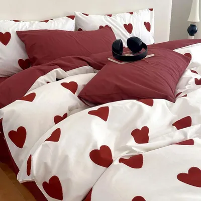 Immagine prodotto di Set di lenzuola 135x200 cm, 2 pezzi, rosso e bianco con cuori, in microfibra