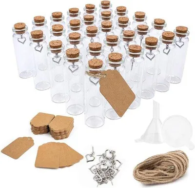 Immagine prodotto di Set di mini bottiglie di vetro da 30 pezzi con tappo, set di bottiglie di vetro da 20 ml comprensivo di bottiglietta di vetro, etichetta, gancio, imbuto, cordoncino di juta e provetta per spezie, erbe aromatiche e sabbia.