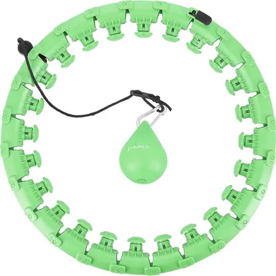 A green adjustable hula hoop with a weighted ball attached by a cord, shown against a white background.