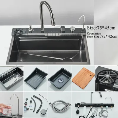 Immagine prodotto di Lavello da cucina con rubinetto - Lavello in acciaio inossidabile da incasso con display digitale - Nero