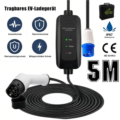 Produktbild von Gliese Typ 2 Schuko EV Ladegerät 32Amp 5M Kabel Eletrofahrzeug Ladegerät mit CEE Stecker für IEC 62196-2, Elektroauto EVSE (Euro-Stecker), 1-phasig