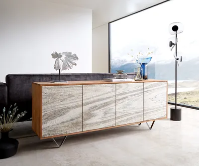 Produktbild von DELIFE Sideboard Kleo 175 cm Akazie Natur 4 Türen V-Fuß Edelstahl