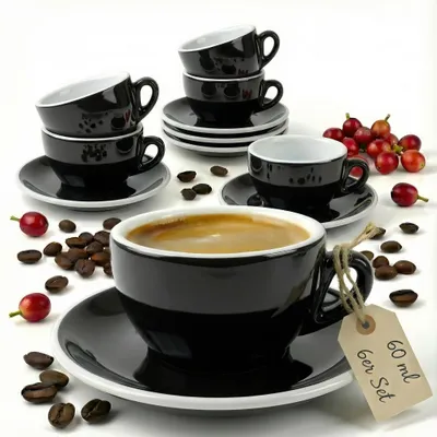 Produktbild von MUVELL 6x Espressotassen á 60 ml | Schwarz | Italian Style | extra dickwandig mit 0,8 cm & schwere Ausführung | spülmaschinenfest | 12 teiliges Espressotassen Set mit Untertassen Geschenkset