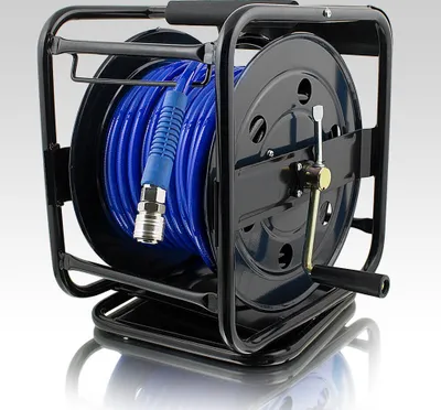 A blue hose is wound around a black reel, which is mounted on a black metal frame. The reel has a crank handle.