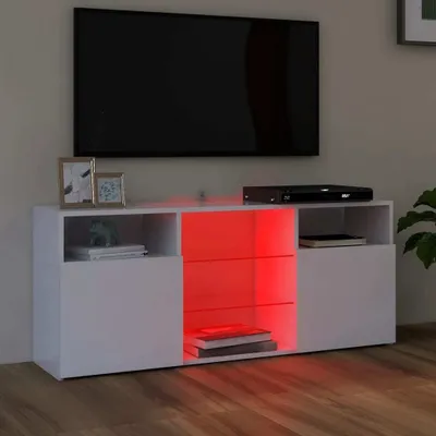 A modern white TV stand with LED lighting and a flat-screen TV mounted above it.