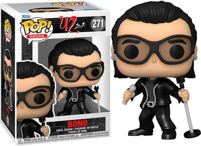 A Funko Pop! Rocks vinyl figure of Bono from U2, displayed in its original packaging.