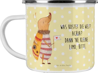 Produktbild von Mr. & Mrs. Panda Haferl Nachtfalter Fähnchen - Gelb Pastell - Geschenk, Spruch Witzig, becher emaille, Tasse, Niedlich, Teetasse, Süß, Pott, Käfer, Lustige Sprüche