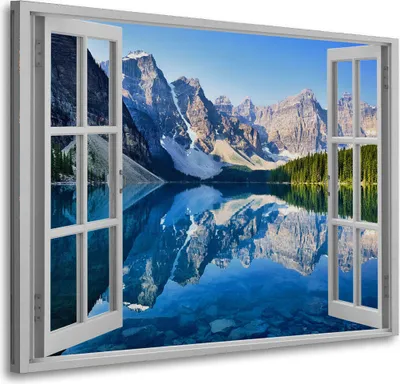 Produktbild von Fensterblick auf Bergsee und Alpen Panorama Leinwandbild Wandbild Wanddeko: 120x90x4cm