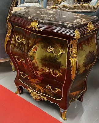 Produktbild von Casa Padrino Barock Kommode Braun / Gold / Mehrfarbbig / Schwarz - Handgefertigte Massivholz Kommode mit 3 Schubladen und Marmorplatte - Barock Möbel