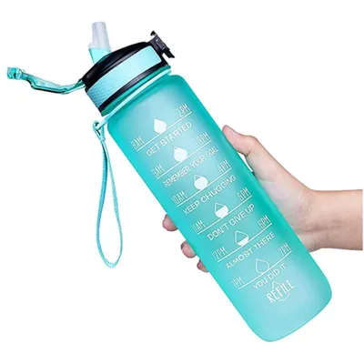 Image de Gourde de sport 1 litre, motivation à boire, paille & shaker ball, fitness, école, excursion, bureau, léger, anti-fuite, robuste (vert)