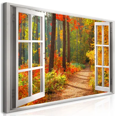 Produktbild von Wandbild Mega XXXL Fensterblick 250x125 cm Einteiliger XXL-Format Kunstdruck zur Selbstmontage Leinwandbilder moderne Bilder DIY Wanddekoration Wohnung Deko Wald Herbst c-C-0385-ak-e