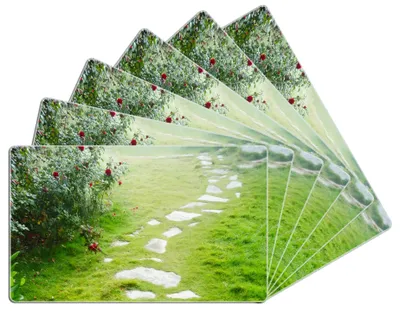 Produktbild von Wallario Frühstücksbrettchen 6er Set aus Glas, je 14 x 23 cm, mit rutschfesten Füßen, Motiv Steinweg im Grünen