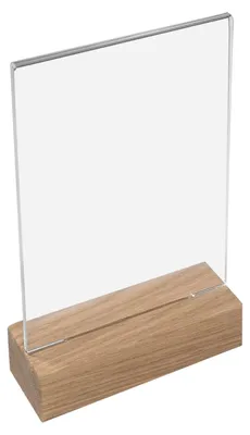 Tischaufsteller mit Holzfußaus Acryl im Hochformat von HMF in DIN A6