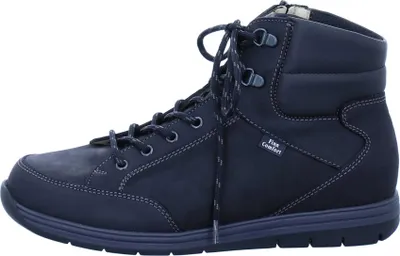 A side view of a black leather boot.