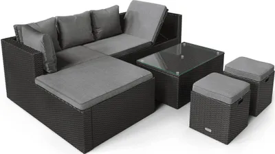 A set of outdoor furniture including a sectional sofa, a coffee table, and two ottomans, displayed on a white background.