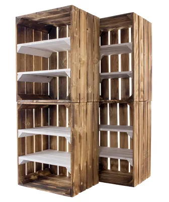 Produktbild von 5x GEFLAMMTE OBSTKISTEN / mit 2 WEIßEN REGALBRETTERN / NEU / 40x30x50 cm / Deko Regal