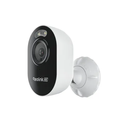 A white and black Reolink Lumus Pro 4K 8MP WiFi security camera with a white mounting bracket is shown against a white background.