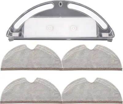 A set of replacement parts for a robot vacuum cleaner, including a water tank and mopping pads.