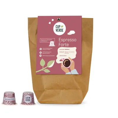 Produktbild von CUP VERDE – 30 nachhaltige Espresso Forte Kaffeekapseln - kompatibel mit Nespresso* - extra aromatisch - heimkompostierbar - schonend geröstet