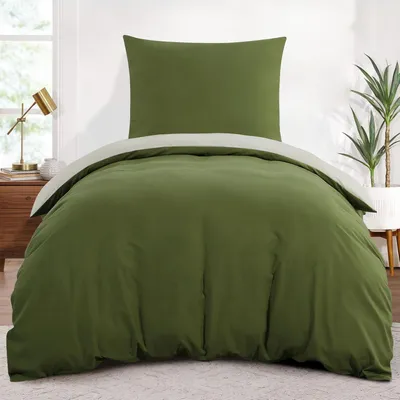 Immagine prodotto di Set di lenzuola 155x220 cm, 2 pezzi, verde oliva e beige, in microfibra, con cerniera e reversibile