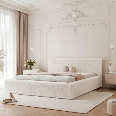 Obrázek produktu pro Čalouněná postel SIERO 140x200, krémová, Umělá kožešina v medvídkovém vzhledu, s úložným prostorem a roštem