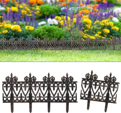 A decorative garden border fence is shown in two configurations: a long section in the background and two shorter sections in the foreground.