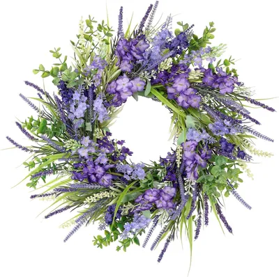 Productafbeelding van Kunstmatige lavendelkrans 17,7 inch kleine zomerkransen - Realistische paarse zijden bloemenkrans faux lente