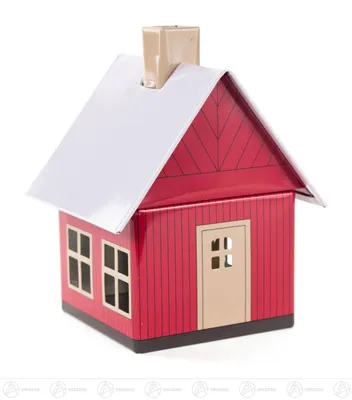 A small, red, house-shaped incense burner with a white roof and a brown chimney.