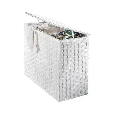 Produktbild von Kôš na bielizeň Kobolo s 3 priehradkami z pleteného nylonu v bielej farbe - úložný kôš box organizér úložný box na bielizeň triedič na bielizeň koše na triedenie bielizne